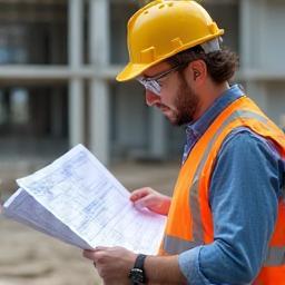 Project manager reviewing construction blueprints